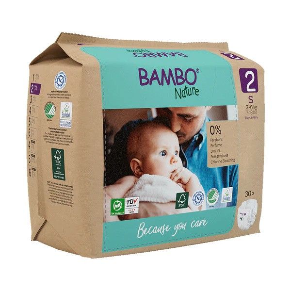 Bambo Nature Baby Diapers Size 2 S (3–6 kg) – 30 pcs Tape Style | Eco-Friendly, Soft & Sensitive Skin Safe Diapers