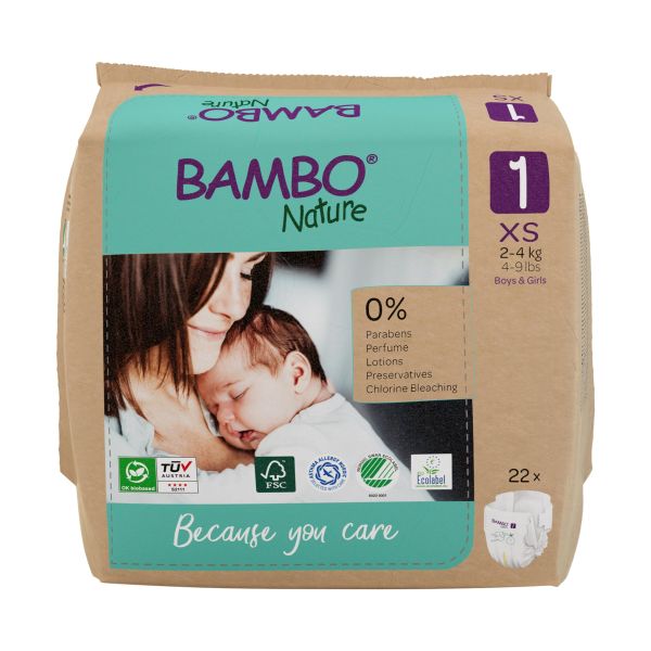 Bambo Nature Diapers Size 1 XS (2–4 kgs) (22 pcs Tape Style) + 50 pcs Biodegradable Wet Wipes | Eco-Friendly Baby Diaper Combo Pack | Sensitive Skin Safe