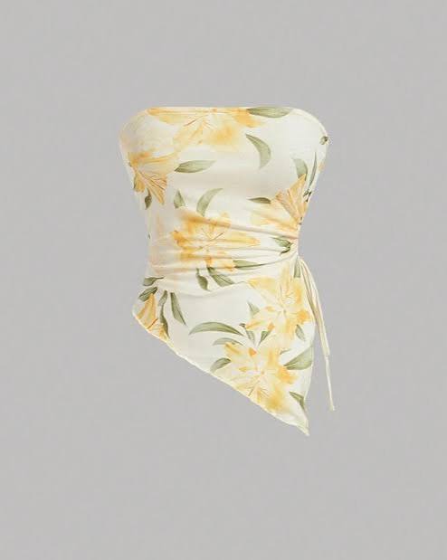Floral Print Ruched Asymmetric bandeu Top